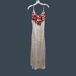 Rixo M Polka Dot Red Floral Ruffled Midi Slip Dress Adjust Spaghetti Strap Women